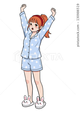 Anime Girl Stretching in Pajamas 130986519