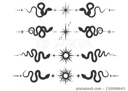Celestial mystic border with celestial symbols and snakes. Occult kundalini serpents and magic sun with stars. Magic fantasy esoteric elements 130986643