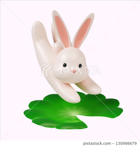 Moon festival bunny character exploring a green lily pad. 3D render illustration 130986679