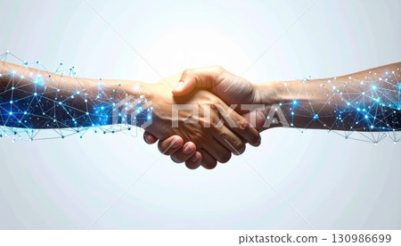 AI image: Close-up of a human and android shaking hands AI image: Close-up of a human and android shaking hands 130986699