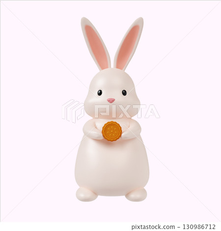 Charming bunny figurine holding a mooncake for the Moon festival. 3D render illustration 130986712