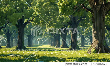 Forest pixel art, big trees, green grass, flat view, vibrant palette. Retro style enhances game art charm. 130986872