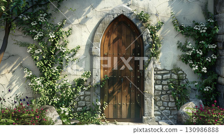 Gothic door of wood, ivy, flowers on stone wall, arched windows, sunlight with soft shadows. Gothic door of wood, ivy, flowers on stone wall, arched windows, sunlight with soft shadows. 130986888