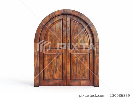 Wooden door with arched top, white background, realistic photo, detailed grain texture. Wooden door with arched top, white background, realistic photo, detailed grain texture. 130986889
