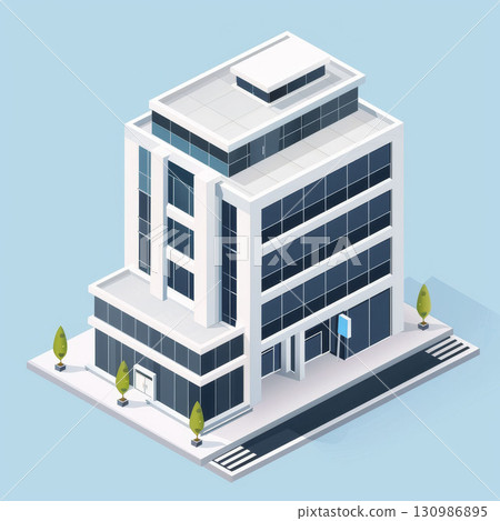 Modern office building, isometric illustration, light blue background, white-gray colors. Sleek design fits urban art style. 130986895