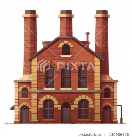 Flat old factory, smokestacks, white background, simple illustration style. Bold industrial design adds retro charm. Flat old factory, smokestacks, white background, simple illustration style. Bold industrial design adds retro charm. 130986896