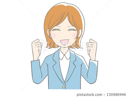 一位身穿藍色西裝、精神抖擻的女士雙手握拳 一位身穿藍色西裝、精神抖擻的女士雙手握拳 130986946
