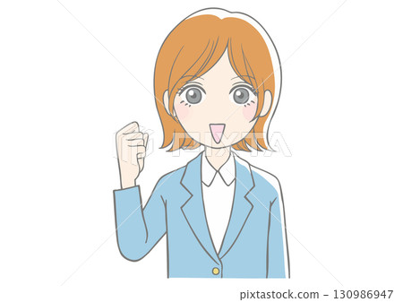 一位穿著藍色西裝的女士用一隻手握拳 一位穿著藍色西裝的女士用一隻手握拳 130986947