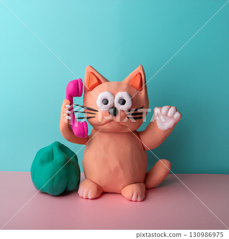 Clay cat making a phone call 130986975