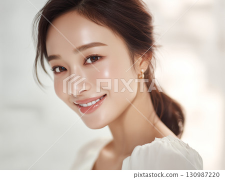 Portrait of a smiling Japanese woman with beautiful skin and a translucent look 130987220