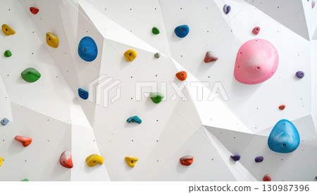 [AI image] A white bouldering wall with colorful holds 130987396