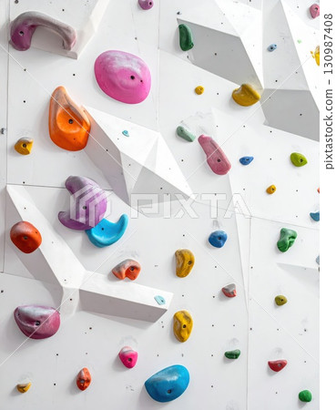 [AI image] A white bouldering wall with colorful holds 130987408