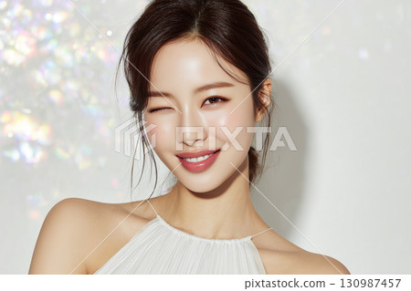 彩虹光譜光下的微笑亞洲模特兒肖像（時尚美容廣告） 130987457