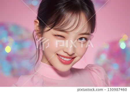 Studio shot of a young woman giving a feminine and lovely wink 130987460