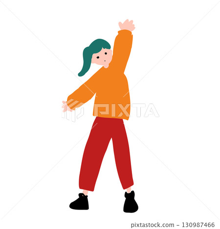 手繪向量插圖,描繪了一位女士舉手打招呼 手繪向量插圖,描繪了一位女士舉手打招呼 130987466