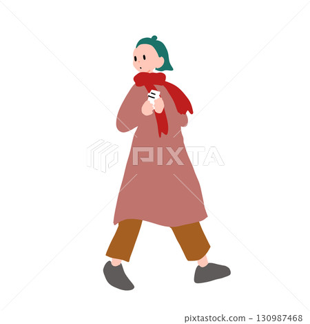 Hand-drawn vector illustration of a woman wearing a red scarf and holding a drink 130987468