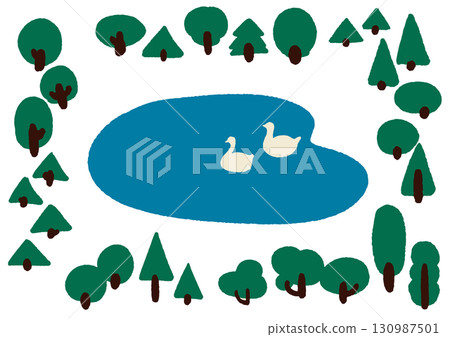 Lake, swans and forest trees. Hand drawn cute illustration background. Simple forest illustration. Vector frame set. 130987501