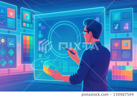 Business and AI technology concept, Designer working on digital interface with futuristic holographic screens 130987504
