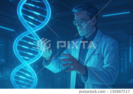 Business and AI technology concept, Scientist analyzing glowing DNA strand in futuristic laboratory setting 130987517