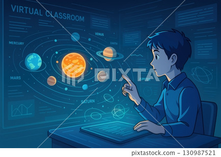 Business and AI technology concept, Boy learning about the solar system in a virtual classroom with digital tablet 130987521