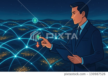 Business and AI technology concept, Businessman interacting with digital network connections over city at night 130987526