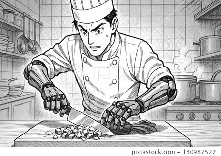 Prosthesis or Artificial Organ in daily life concept, Chef with robotic arms chopping vegetables in professional kitchen 130987527