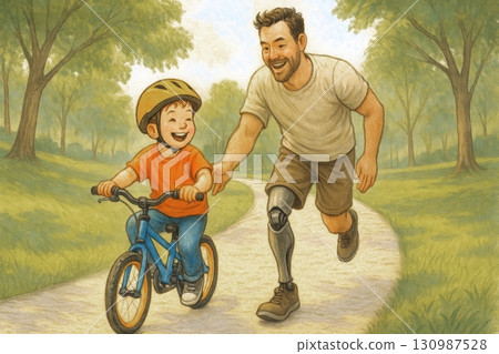 Prosthesis or Artificial Organ in daily life concept, Father with prosthetic leg teaching son to ride bike in park 130987528