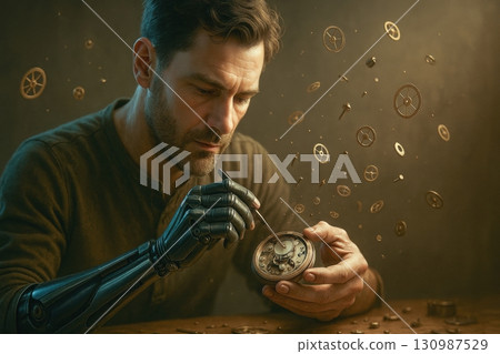 Prosthesis or Artificial Organ in daily life concept, Man with robotic arm repairing vintage clock with floating gears in workshop 130987529
