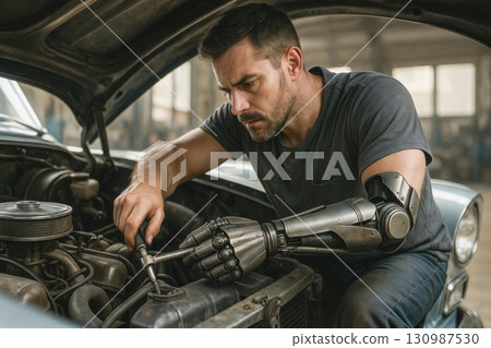 Prosthesis or Artificial Organ in daily life concept, Man with prosthetic arm repairing car engine in garage workshop 130987530