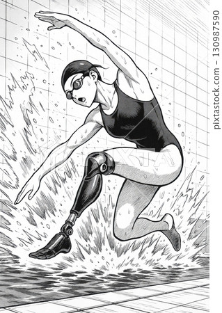 Prosthesis or Artificial Organ in daily life concept, Female swimmer with prosthetic leg diving into pool during training 130987590