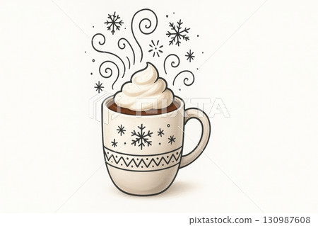 Hot chocolate with whipped cream in festive winter mug with snowflakes 130987608
