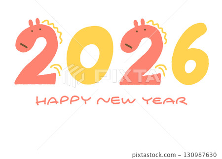 可愛的新年賀卡，印有2026的標誌，融合了馬和數字。馬年/新年素材。 130987630