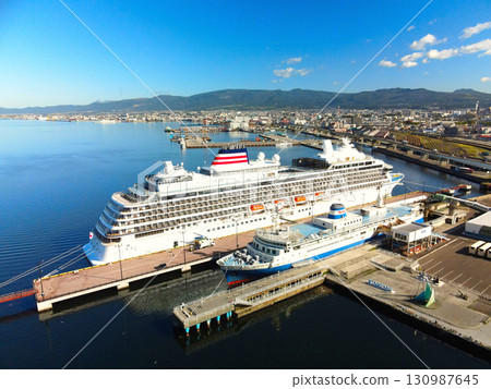 Aerial view of the cruise ship Asuka III calling at Hakodate Port in Hakodate, Hokkaido, Japan 130987645