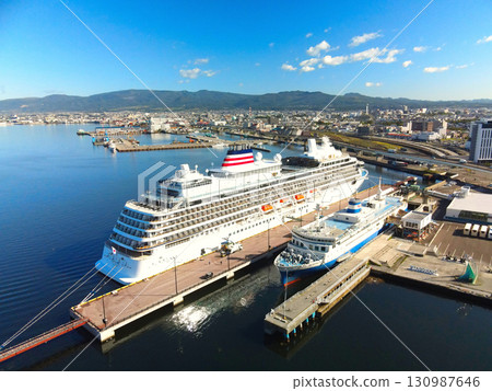 Aerial view of the cruise ship Asuka III calling at Hakodate Port in Hakodate, Hokkaido, Japan 130987646