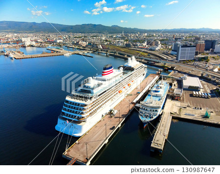 Aerial view of the cruise ship Asuka III calling at Hakodate Port in Hakodate, Hokkaido, Japan Aerial view of the cruise ship Asuka III calling at Hakodate Port in Hakodate, Hokkaido, Japan 130987647