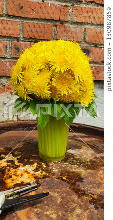 Yellow dandelion bouquet placed in plastic vase against rustic brick wall. Simple wildflowers turned into cheerful arrangement, perfect for countryside themes, eco-friendly decoration, and floral 130987859