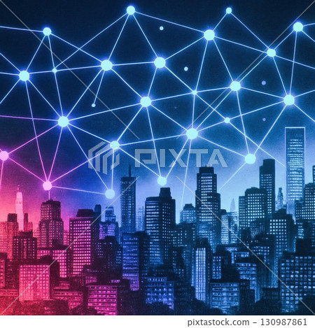 Retro pop art style of City skyline with digital network connection overlay representing smart technology 130987861