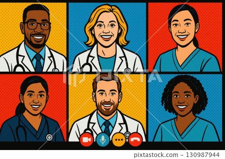 Modern pop art style of Diverse medical team having virtual meeting on video call for healthcare collaboration 130987944
