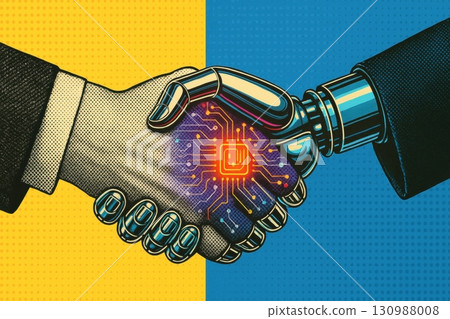 Retro pop art style of Human and robot handshake with digital circuit background symbolizing technology partnership 130988008