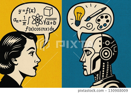 Retro pop art style of Human woman discussing math while robot thinks about art in creative contrast Retro pop art style of Human woman discussing math while robot thinks about art in creative contrast 130988009