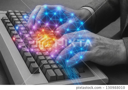 Retro pop art style of Hands typing on keyboard with digital network overlay technology concept Retro pop art style of Hands typing on keyboard with digital network overlay technology concept 130988010