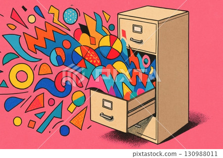Colorful abstract shapes emerging from open filing cabinet on pink background Colorful abstract shapes emerging from open filing cabinet on pink background 130988011