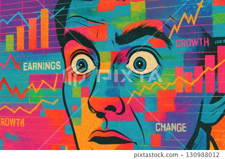 Colorful abstract face with financial charts showing earnings growth and change 130988012