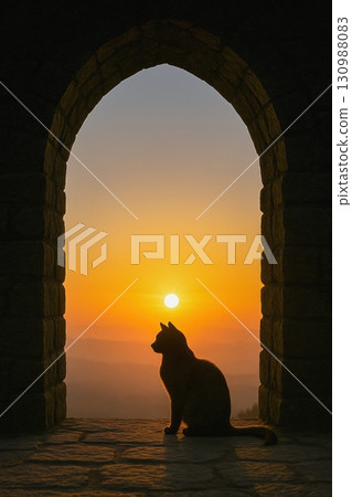 Cat sitting in stone archway watching sunset over mountains Cat sitting in stone archway watching sunset over mountains 130988083