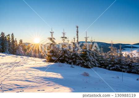 Panoramic view from Pancir mountain in Sumava national park with hills and forests rising above valleys filled with fog during sunset, creating a magical inversion landscape. Panoramic view from Pancir mountain in Sumava national park with hills and forests rising above valleys filled with fog during sunset, creating a magical inversion landscape. 130988119