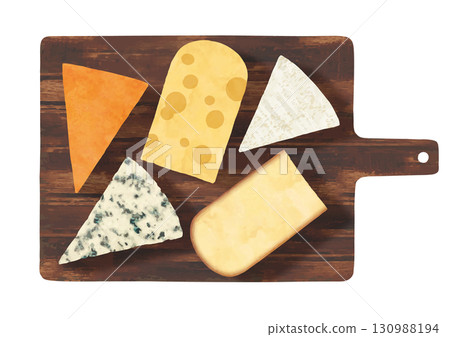 Various watercolor cheeses on a cutting board Various watercolor cheeses on a cutting board 130988194