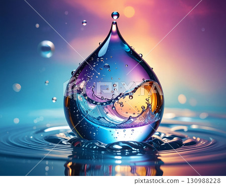 Colorful Water Drop with Splash and Bubbles on Gradient Background Colorful Water Drop with Splash and Bubbles on Gradient Background 130988228