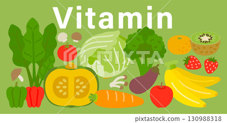 Illustrations of various vitamins (three major nutrients and five major nutrients) 130988318