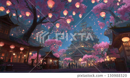 A fantastical Chinese-style streetscape illuminated by cherry blossoms and lanterns at night 130988320