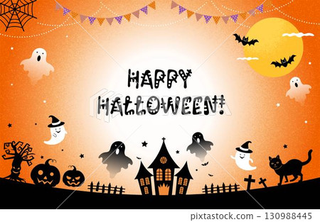 Cute Halloween frame (Jack-o'-lantern, ghost, orange background) 130988445